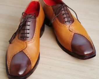 Zapatos Oxford de piel bicolor marrón y tostado para hombre, hechos a mano.