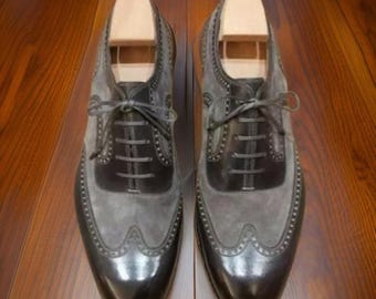 Handmade Men&#39;s Black Leather & Grey Suede Oxford Shoes – Formal Dress Shoes