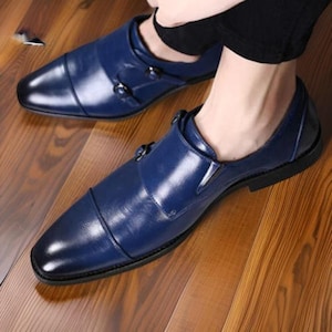 Handmade Men's Blue Leather Double Monk Strap Shoes – Elegant Party & Dress Shoes