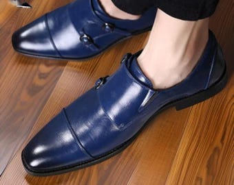 Handgemaakte blauwe leren herenschoenen met dubbele gesp – elegante feest- en geklede schoenen