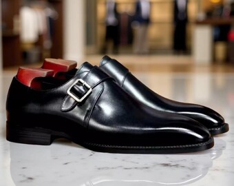 Schwarze Leder Single Monk Strap Schuhe - handgefertigte Büro-Schnallenschuhe für Männer
