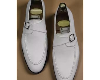 Handmade Men’s White Leather Monk Shoes – Formal Office & Business Wear
