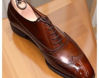Handmade Brown Leather Oxford Wingtip Dress Shoes for Men