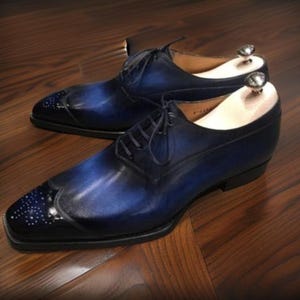 Handmade Men's Blue Patina Leather Oxford Brogue Shoes | Wingtip Dress Shoes