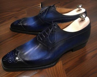Handmade Men's Blue Patina Leather Oxford Brogue Shoes | Wingtip Dress Shoes