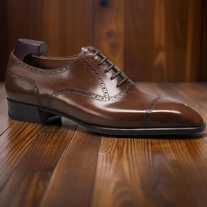 Handmade Men’s Brown Leather Oxford Shoes – Brogue Formal Dress Shoes
