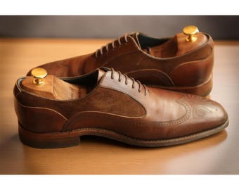 Zapatos Oxford Wingtip de piel marrón y ante hechos a mano para hombre