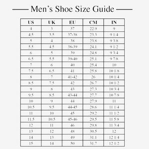 May include: A shoe size conversion chart for men, with US, UK, EU, CM, and IN measurements. The chart includes sizes from US 4 (22.9 cm, 9 in) to US 15 (31.7 cm, 12 1/2 in), with corresponding UK and EU sizes.