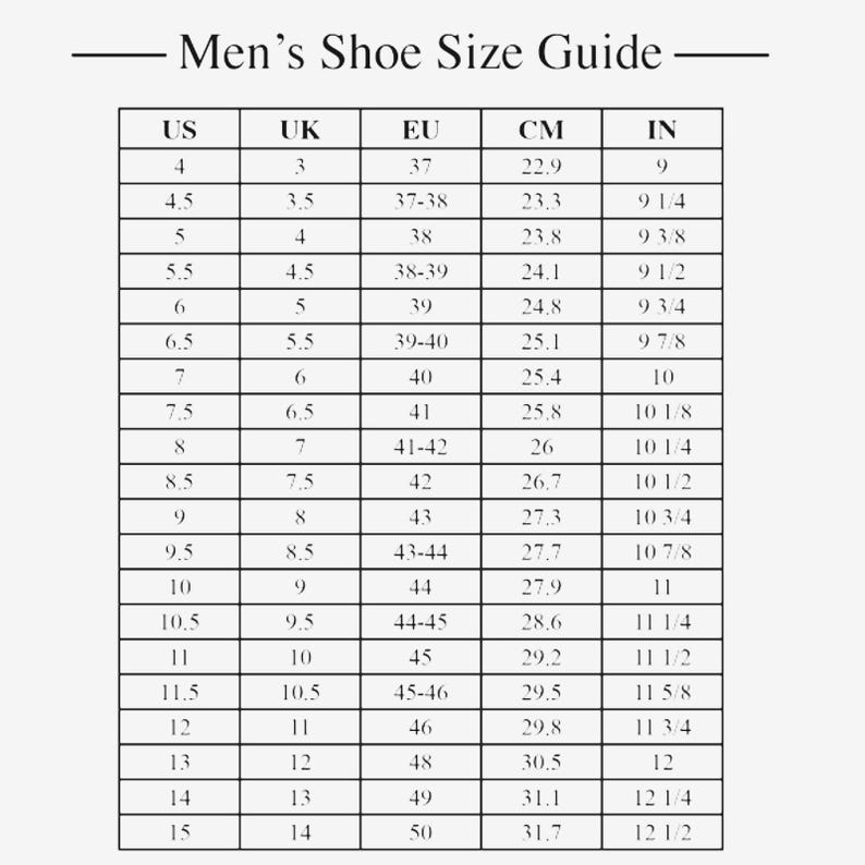 May include: A shoe size conversion chart for men, with US, UK, EU, CM, and IN measurements. The chart includes sizes from US 4 (22.9 cm, 9 in) to US 15 (31.7 cm, 12 1/2 in), with corresponding UK and EU sizes.