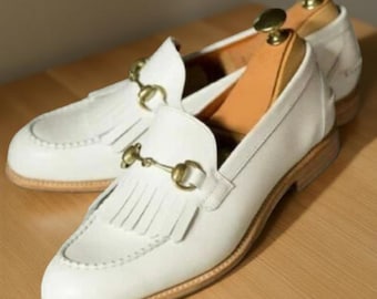 Handmade Bespoke White Leather Formal Slip-On Shoes for Men