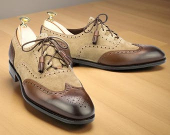 Handmade Men’s Two-Tone Wingtip Leather Dress Shoes
