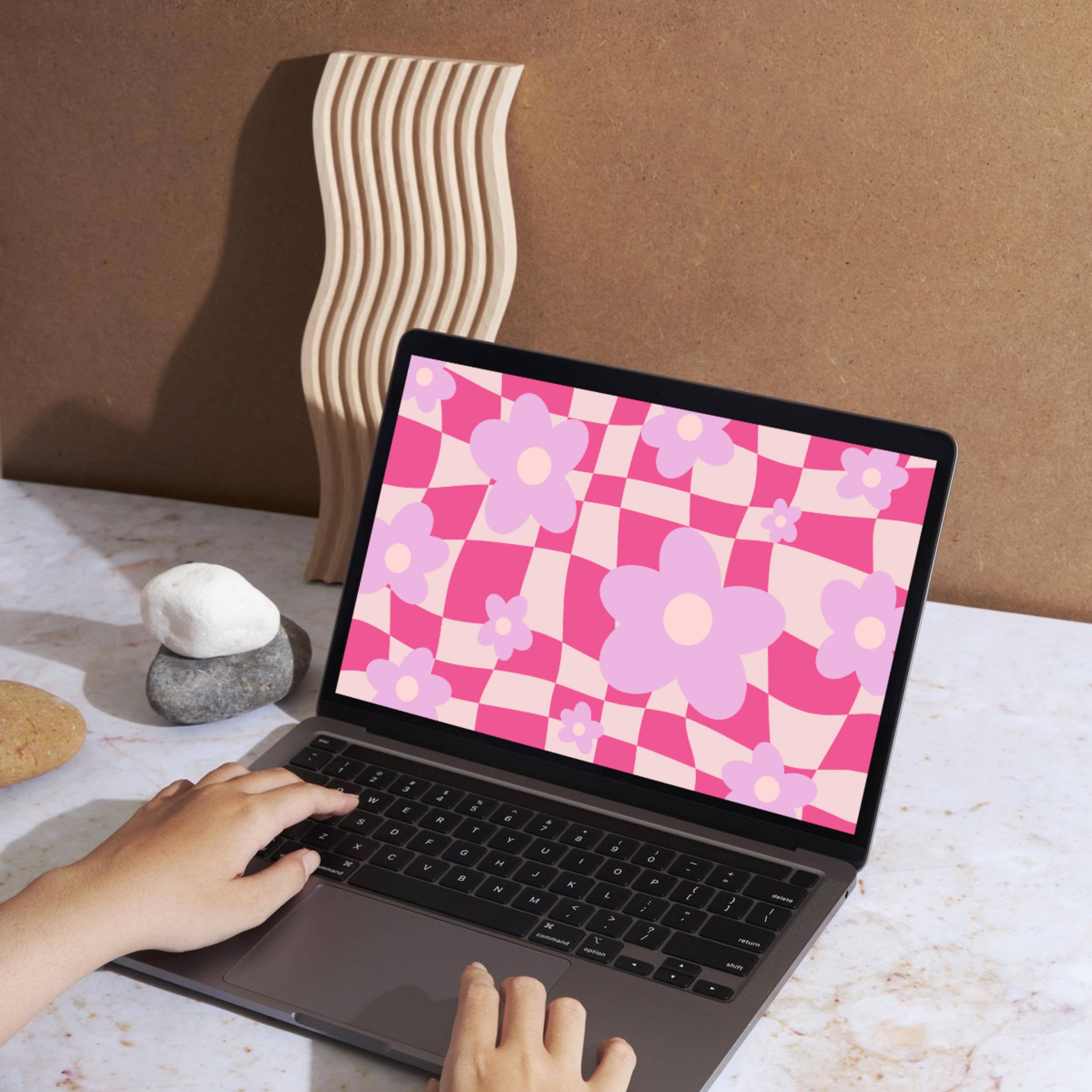 Wavy Checkerboard Floral Wallpaper | Retro Funky Desktop (digital ...