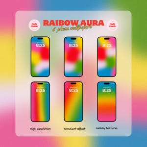 May include: Six phone wallpapers with a rainbow gradient effect. The wallpapers are labeled "High Resolution", "Gradient Effect", and "Grainy Textures".