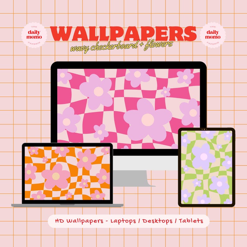 Wavy Checkerboard Floral Wallpaper | Retro Funky Desktop (digital ...