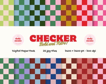 Retro Checkerboard Digital Paper, Colorful Seamless Patterns (Digital Download)