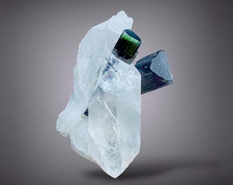 Natural rare green cap tourmaline crystals on DT Quartz from Skardu, Pakistan