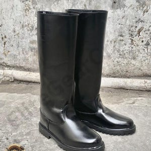 German Officer Leather Boot with Rubber Sole - Handmade Riding Long Boot - Military Boot for Men/Women - Black Leather German Jack Boots