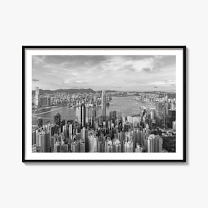Póster en blanco y negro de Hong Kong, impresión fotográfica de Hong Kong, fotografía de Hong Kong, viajes a Hong Kong, póster de mapa