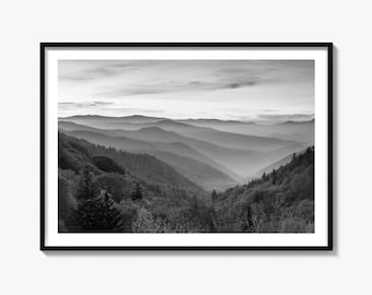 Great Smoky Mountains Black and White Fine Art Photography Print, Gatlinburg Poster, Tennessee Decor