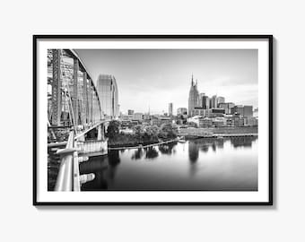 Nashville Skyline Black and White Fine Art Photography Print, Cumberland River Poster, Tennessee