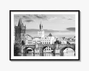 Prague Black and White Fine Art Photography Print, Charles Bridge Poster, Czech Republic Art