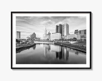 Columbus Skyline Black and White Fine Art Photography Print, Scioto River Poster, Ohio Decor