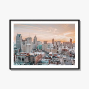 Stampa fotografica artistica dello skyline di Detroit, poster del Michigan, arte murale degli Stati Uniti, decorazioni per la città dei motori