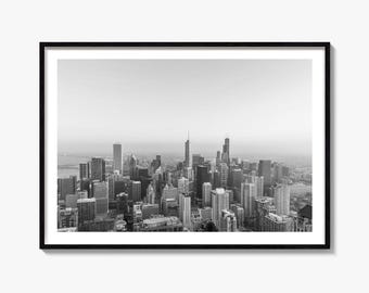 Impresión fotográfica artística en blanco y negro del horizonte de Chicago, póster del centro, decoración de Illinois