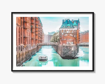 Impresión de fotografía de bellas artes de Hamburgo, cartel de Speicherstadt, arte de la pared de Alemania, decoración del Elba