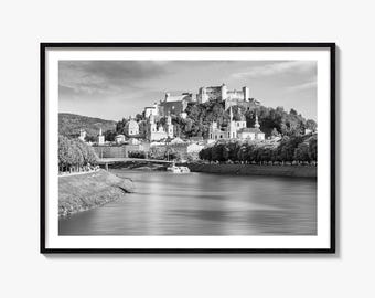 Salzburg Skyline Black and White Fine Art Photography Print, Festung Hohensalzburg Poster, Austria Decor