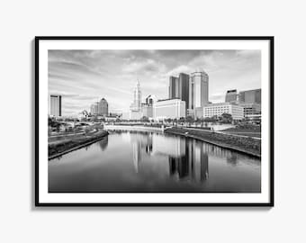 Columbus Skyline Black and White Fine Art Photo Print, Downtown Ohio Poster, Midwest City