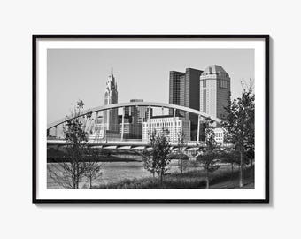Columbus Skyline Black and White Fine Art Photography Print, Main Street Bridge Poster