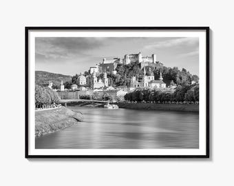 Salzburg Black and White Fine Art Photo Print, Hohensalzburg Poster, Austria Wall Decor