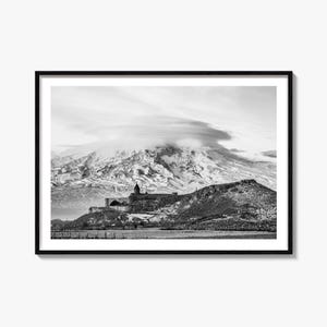 Impresión fotográfica de bellas artes en blanco y negro de Armenia, póster del monte Ararat, decoración de Khor Virap