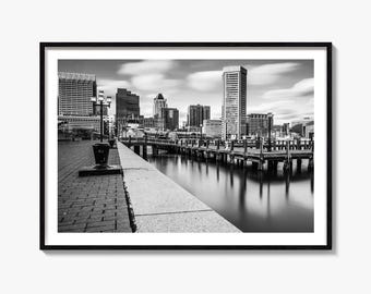 Czarno-biały wydruk artystyczny z panoramą Baltimore, plakat Inner Harbor, sztuka Maryland