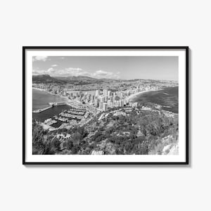 Calpe zwart-witposter, Calpe zwart-wit kunst, muurfotografie, reizen, Calpe kaartposter