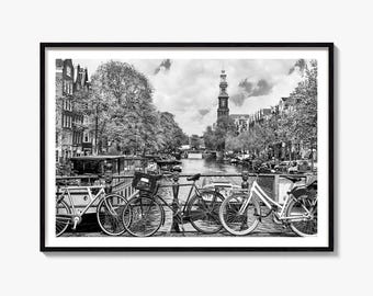 Amsterdam svartvitt konstfototryck, Westerkerk-affisch, Nederländsk väggdekoration