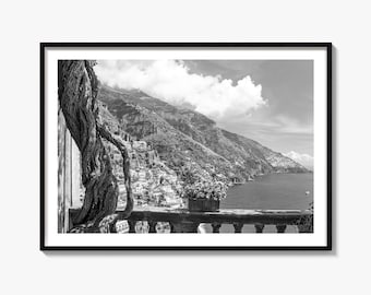 Positano, czarno-biały wydruk artystyczny, plakat na wybrzeże Amalfi, sztuka ścienna z Włoch