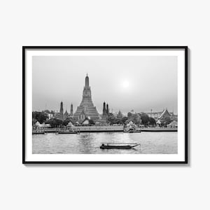 Bangkok Black and White Fine Art Photography Print, Wat Arun Poster, Thailand Decor