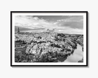 Fotografía artística en blanco y negro del horizonte de Toledo, póster de Castilla-La Mancha, decoración de España.