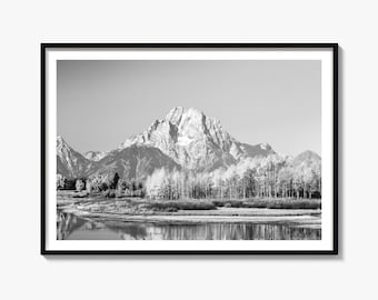 Grand Teton Black and White Fine Art Photo Print, Oxbow Bend Poster, Jackson Hole
