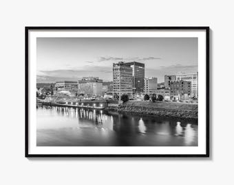 Charleston Skyline zwart-wit Fine Art Photography Print, West Virginia poster, Kanawha River
