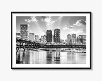 Impresión fotográfica artística en blanco y negro del horizonte de Richmond, póster del río James, arte de Virginia