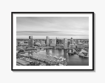 Czarno-biały wydruk artystyczny z panoramą Baltimore, plakat Inner Harbor, sztuka Maryland