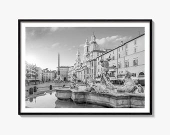 Stampa fotografica artistica in bianco e nero di Roma, poster di Piazza Navona, decorazione murale italiana