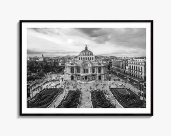 Kunstdruck „Mexiko-Stadt“ in Schwarz-Weiß, Poster „Bellas Artes“ zur Wanddekoration