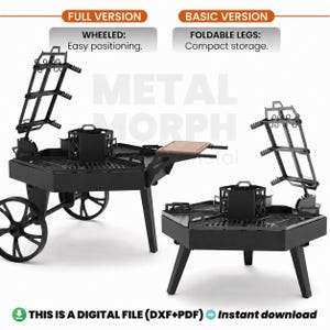 Könnte beinhalten: Ein schwarzes Metallgrill-Design mit einer Vollversion mit Rädern und einer Basisversion mit klappbaren Beinen. Die Grafik enthält Textbeschriftungen für die Voll- und Basisversion sowie einen Hinweis auf eine digitale Datei zum Download.
