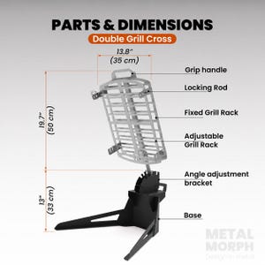 Puede incluir: Un Double Grill Cross con base negra y rejillas plateadas. Las partes etiquetadas incluyen asa, varilla de bloqueo, rejilla fija, rejilla ajustable y soporte de ajuste de &aacute;ngulo. Dimensiones: 35 cm de ancho y 83 cm de altura total.