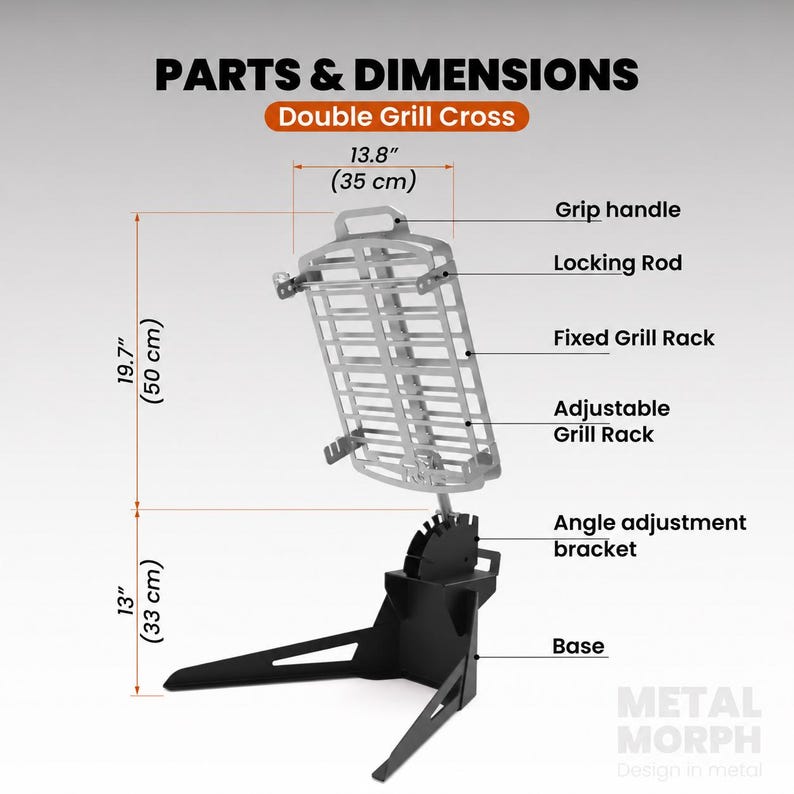 Puede incluir: Un Double Grill Cross con base negra y rejillas plateadas. Las partes etiquetadas incluyen asa, varilla de bloqueo, rejilla fija, rejilla ajustable y soporte de ajuste de &aacute;ngulo. Dimensiones: 35 cm de ancho y 83 cm de altura total.