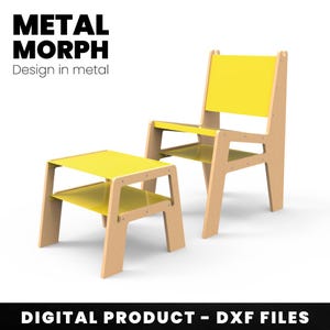 Puede incluir: Una silla y un taburete a juego de color amarillo, con un diseño simple y moderno. La silla y el taburete están hechos de madera y tienen un acabado amarillo. La silla tiene un respaldo y un asiento, y el taburete tiene una parte superior y un estante inferior. La silla y el taburete están ambos sobre un fondo blanco. PRODUCTO DIGITAL - ARCHIVOS DXF